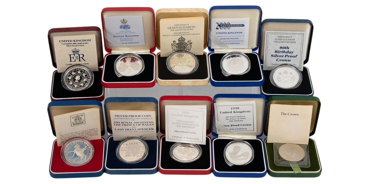 Sell Silver Proof Five Pound Two Pound Fifty Pence Coins Royal Mint MJ Hughes Coins Gold and silver proof coins from The Royal Mint are usually supplied in a presentation case with a certificate of authenticity.