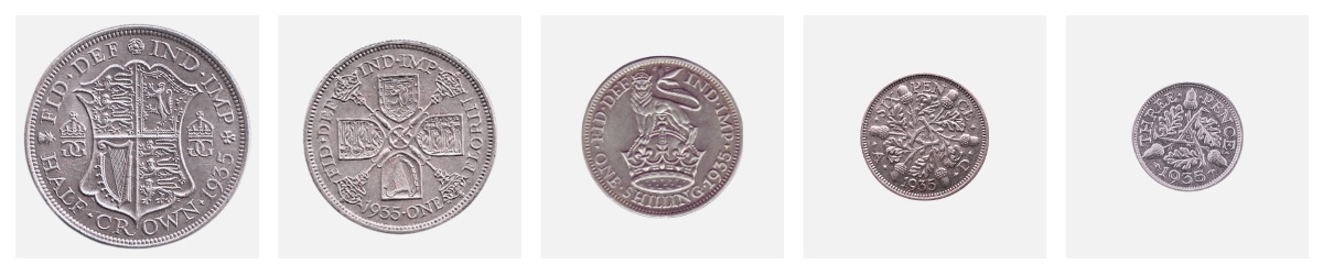 Sizes Of Common Old UK Silver Coins Sell With MJ Hughes Coins Common British silver coins, left to right: Halfcrown, Florin, Shilling, Sixpence and Threepence. Designs will vary.